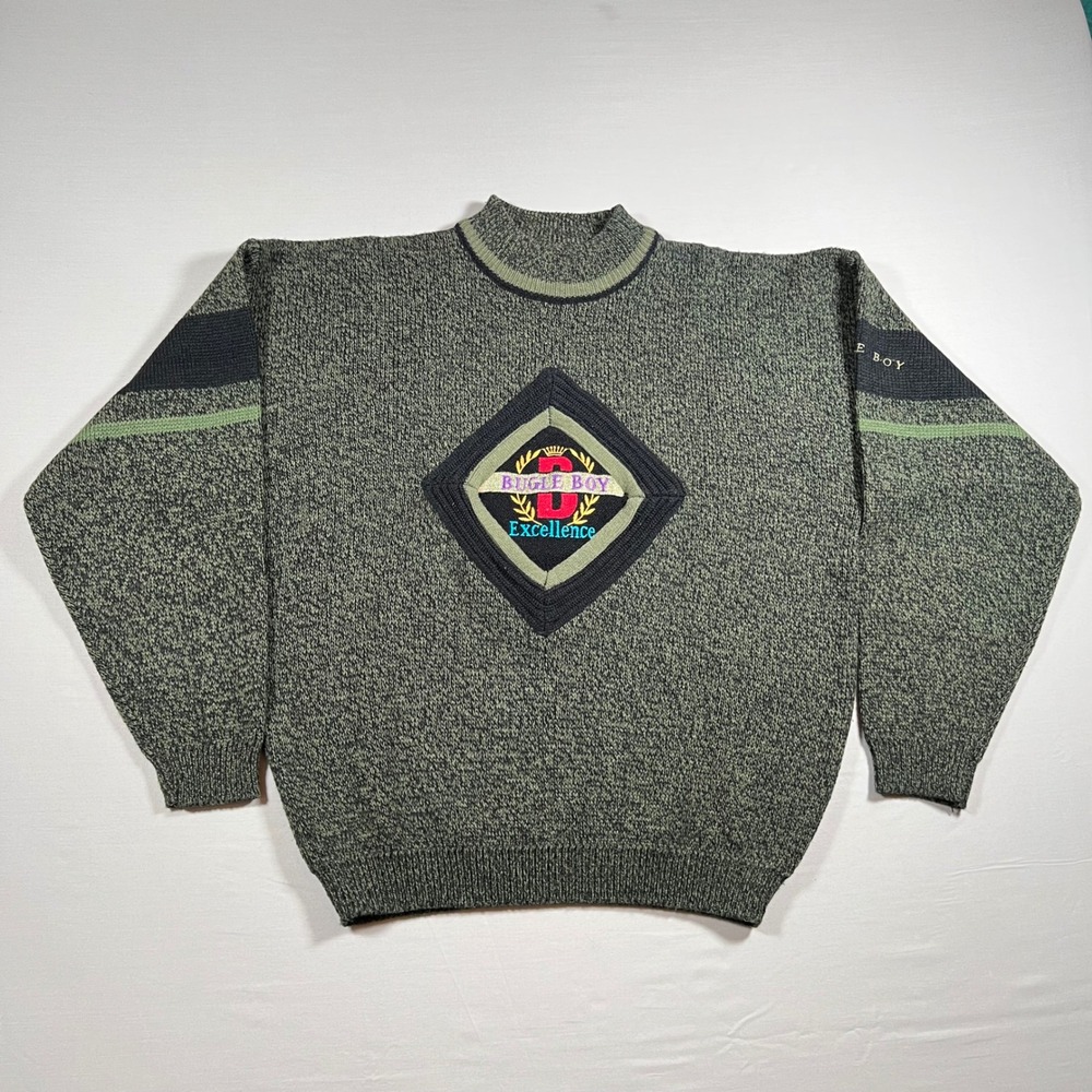 Vintage Bugle Boy Direction Sweater Mens L Green 80s 90s Style Marled Mock Neck